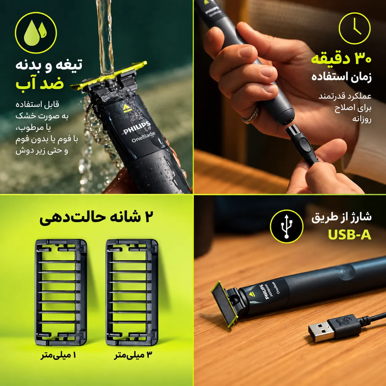 کلاژ ماشین اصلاح فیلیپس وان‌بلید در حال شست‌وشو، استفاده در دست، دو شانه و کابل شارژ USB-A